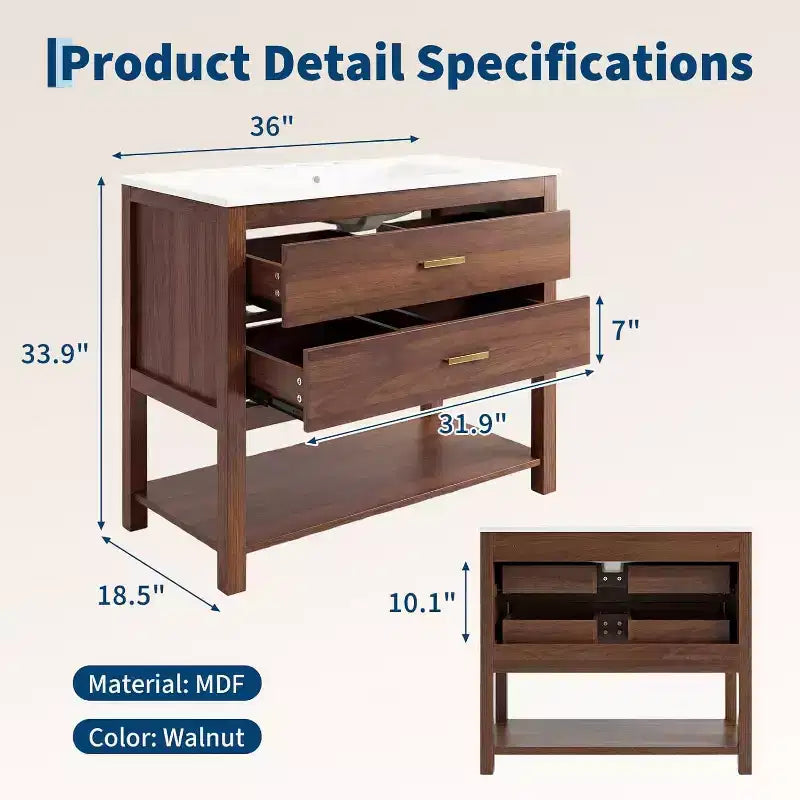36 Farmhouse Bathroom Vanity with Sink Freestanding Walnut Vanity Cabinet with 2 Drawers, Open Shelf & Handles, Easy Assembly