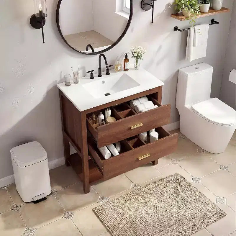 36 Farmhouse Bathroom Vanity with Sink Freestanding Walnut Vanity Cabinet with 2 Drawers, Open Shelf & Handles, Easy Assembly
