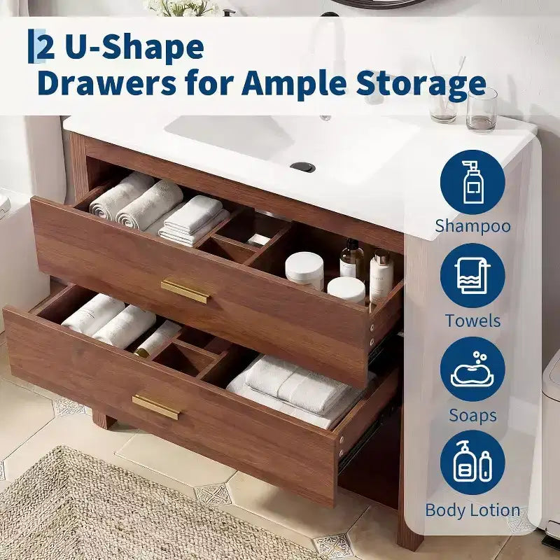 36 Farmhouse Bathroom Vanity with Sink Freestanding Walnut Vanity Cabinet with 2 Drawers, Open Shelf & Handles, Easy Assembly