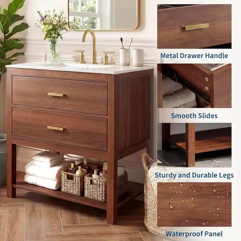 36 Farmhouse Bathroom Vanity with Sink Freestanding Walnut Vanity Cabinet with 2 Drawers, Open Shelf & Handles, Easy Assembly