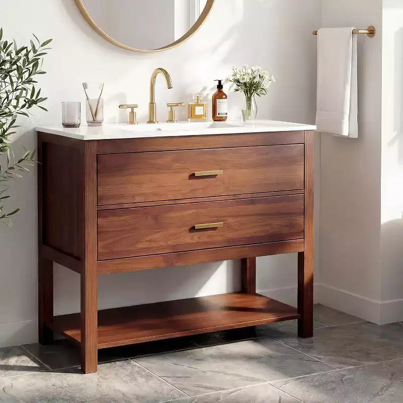 36 Farmhouse Bathroom Vanity with Sink Freestanding Walnut Vanity Cabinet with 2 Drawers, Open Shelf & Handles, Easy Assembly