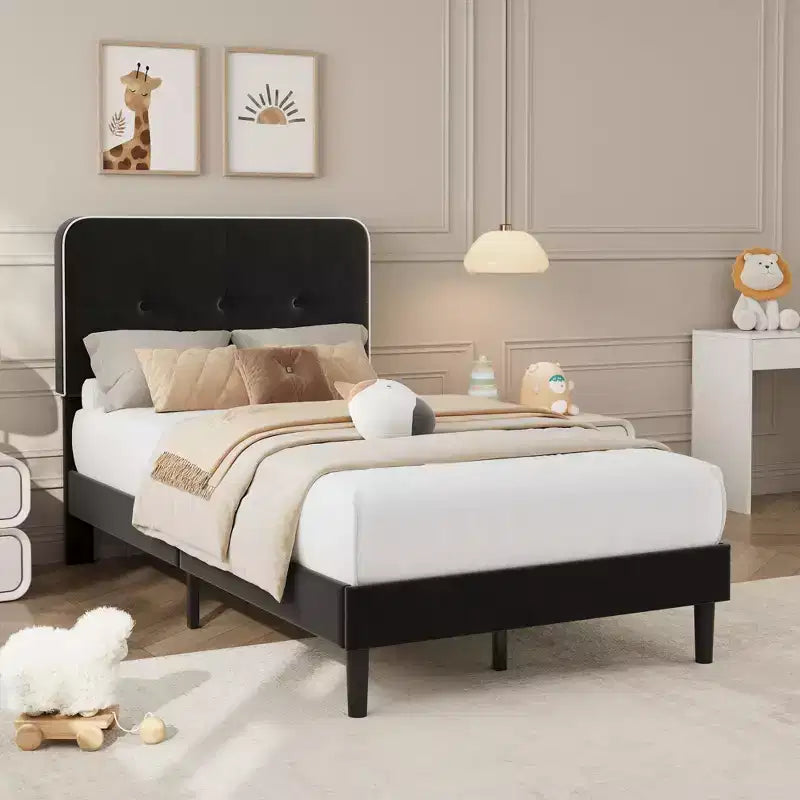 Twin Upholstered Velvet Platform Bed Frame with Adjustable Headboard, Sturdy Metal Support, Noise-Free, No Box Spring Needed