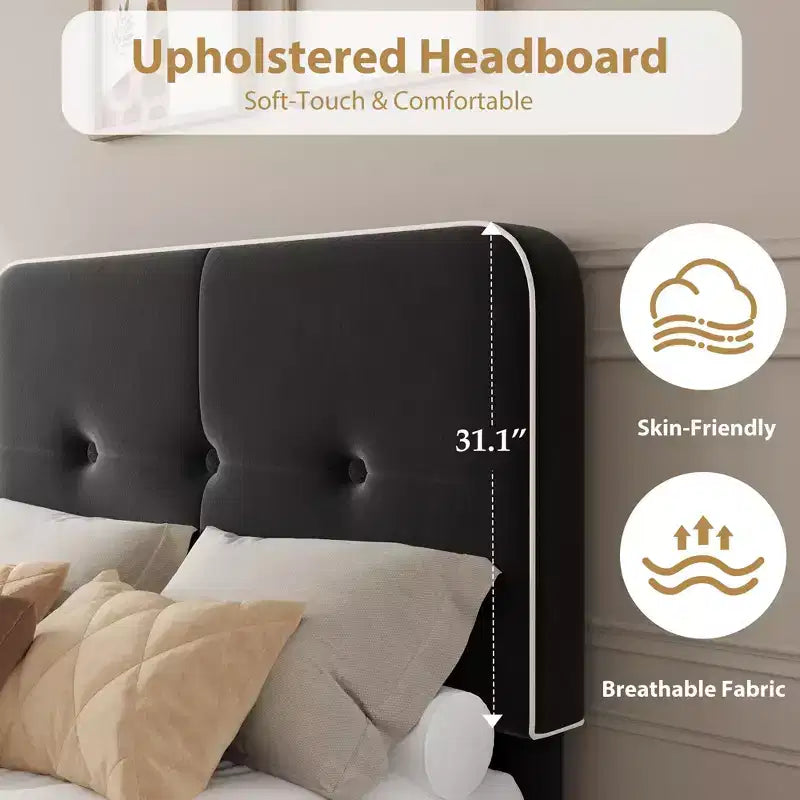 Twin Upholstered Velvet Platform Bed Frame with Adjustable Headboard, Sturdy Metal Support, Noise-Free, No Box Spring Needed