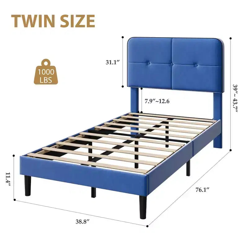 Twin Upholstered Velvet Platform Bed Frame with Adjustable Headboard, Sturdy Metal Support, Noise-Free, No Box Spring Needed