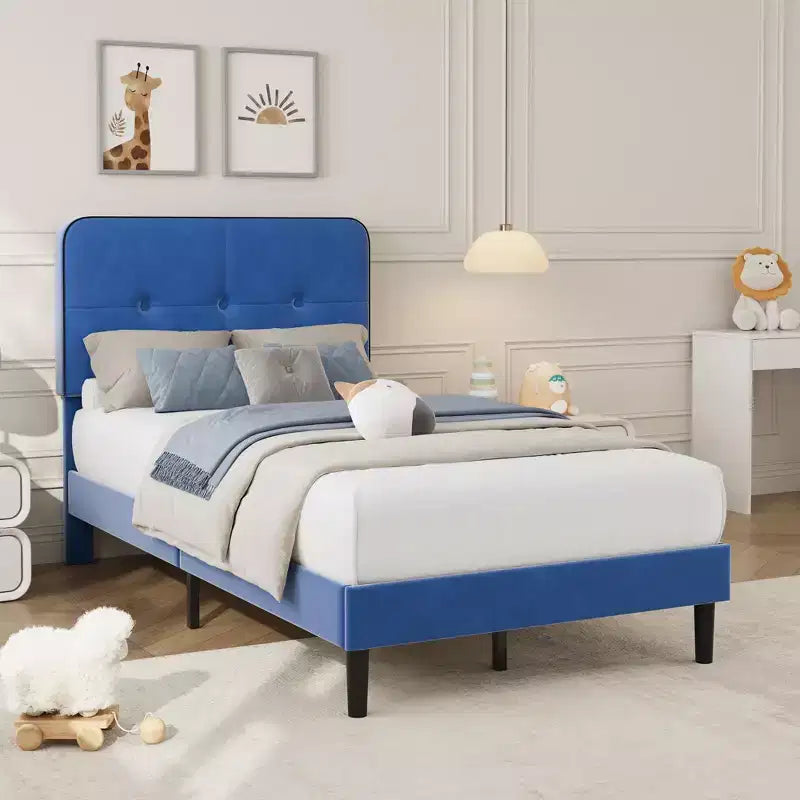 Twin Upholstered Velvet Platform Bed Frame with Adjustable Headboard, Sturdy Metal Support, Noise-Free, No Box Spring Needed