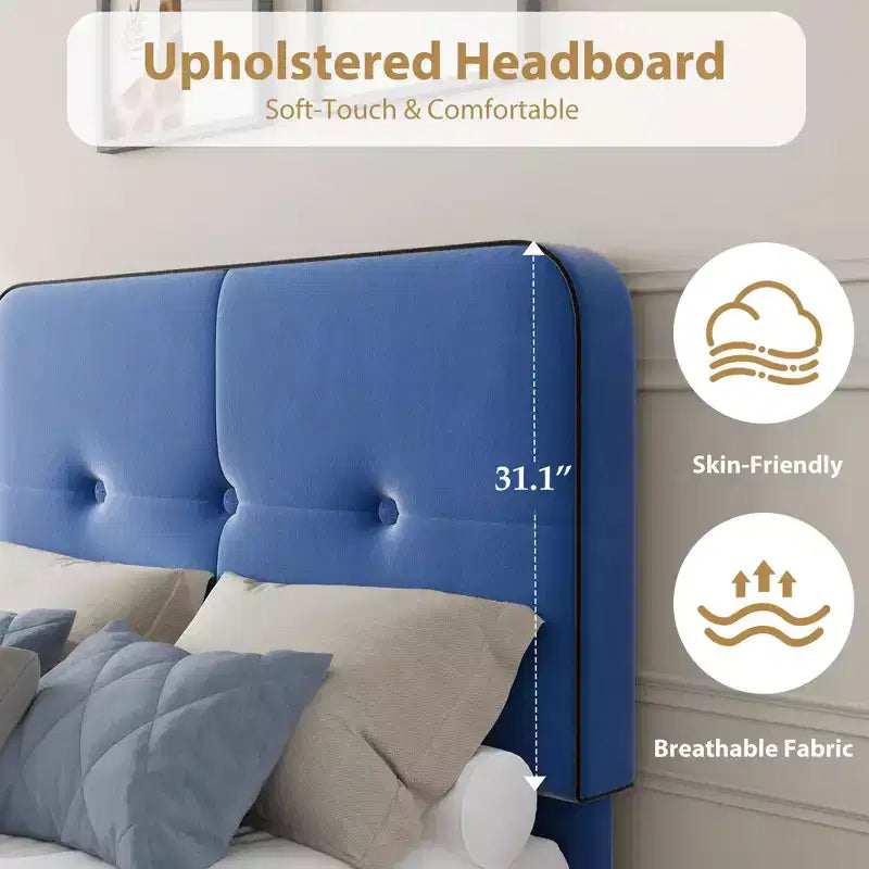 Twin Upholstered Velvet Platform Bed Frame with Adjustable Headboard, Sturdy Metal Support, Noise-Free, No Box Spring Needed