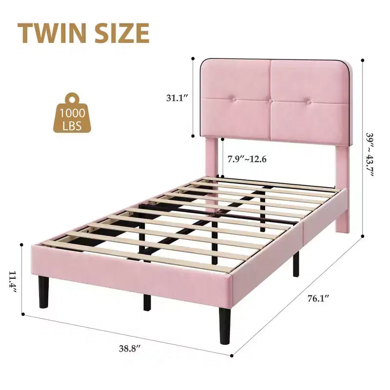 Twin Upholstered Velvet Platform Bed Frame with Adjustable Headboard, Sturdy Metal Support, Noise-Free, No Box Spring Needed