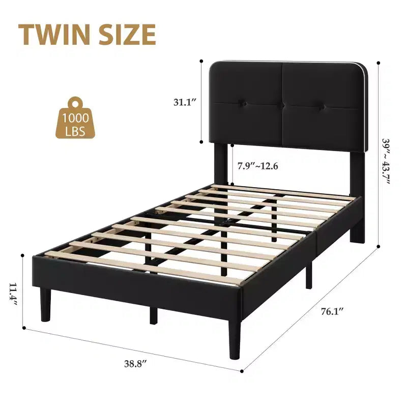 Twin Upholstered Velvet Platform Bed Frame with Adjustable Headboard, Sturdy Metal Support, Noise-Free, No Box Spring Needed