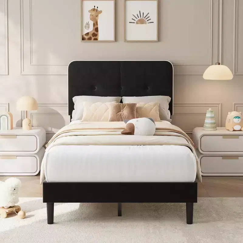 Twin Upholstered Velvet Platform Bed Frame with Adjustable Headboard, Sturdy Metal Support, Noise-Free, No Box Spring Needed