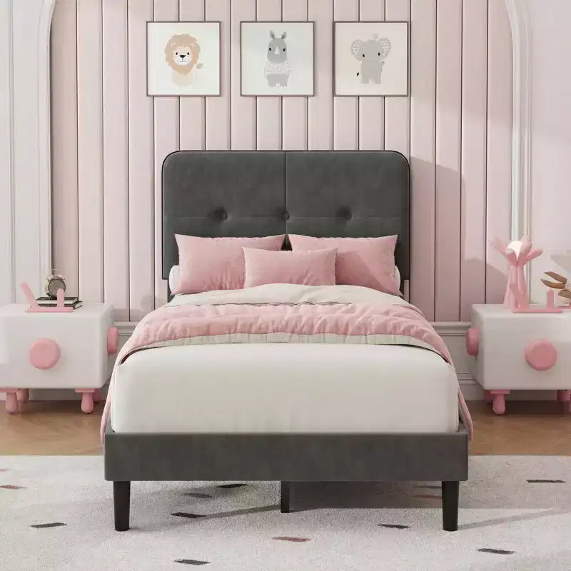 Twin Upholstered Velvet Platform Bed Frame with Adjustable Headboard, Sturdy Metal Support, Noise-Free, No Box Spring Needed