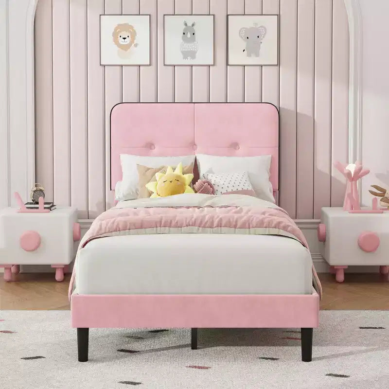 Twin Upholstered Velvet Platform Bed Frame with Adjustable Headboard, Sturdy Metal Support, Noise-Free, No Box Spring Needed