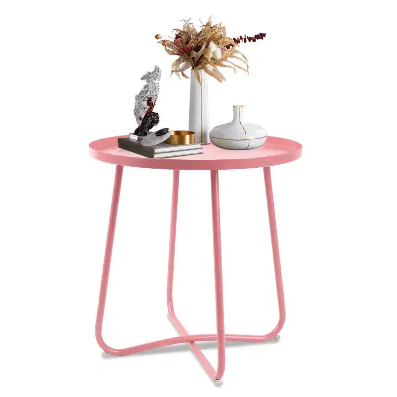 AEELLEEA Modern Round Outdoor Side Table Small Metal Coffee & Snack Table for Living Room, Bedroom, Patio, Yard, Porch, Balcony (Pink)