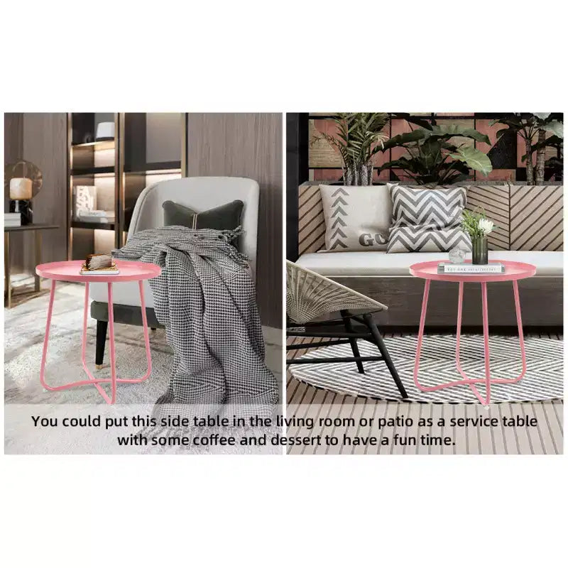 AEELLEEA Modern Round Outdoor Side Table Small Metal Coffee & Snack Table for Living Room, Bedroom, Patio, Yard, Porch, Balcony (Pink)