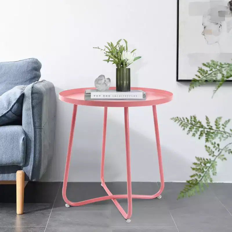 AEELLEEA Modern Round Outdoor Side Table Small Metal Coffee & Snack Table for Living Room, Bedroom, Patio, Yard, Porch, Balcony (Pink)