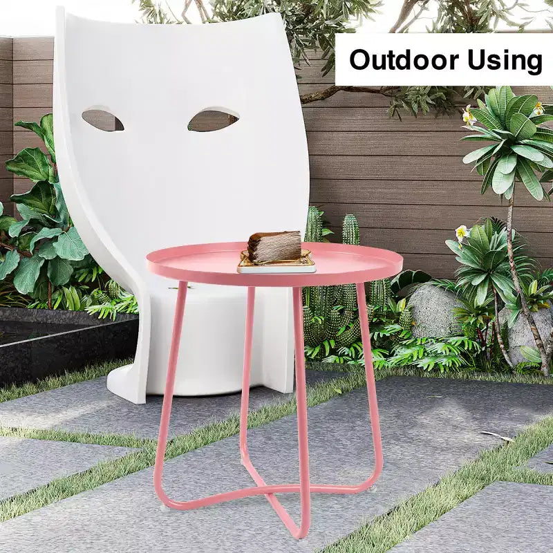 AEELLEEA Modern Round Outdoor Side Table Small Metal Coffee & Snack Table for Living Room, Bedroom, Patio, Yard, Porch, Balcony (Pink)