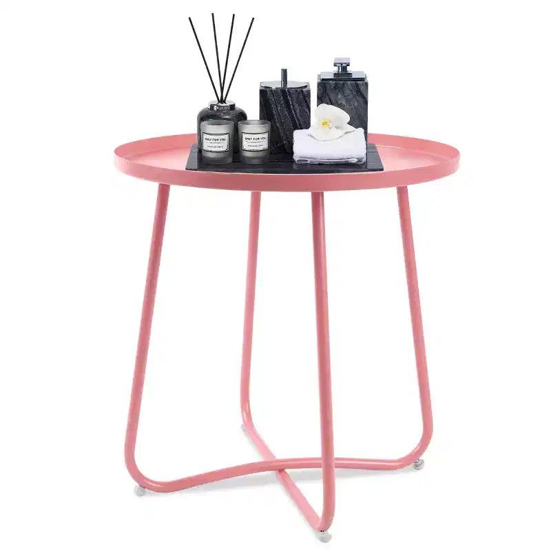 AEELLEEA Modern Round Outdoor Side Table Small Metal Coffee & Snack Table for Living Room, Bedroom, Patio, Yard, Porch, Balcony (Pink)