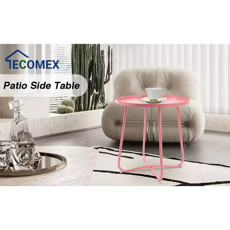 AEELLEEA Modern Round Outdoor Side Table Small Metal Coffee & Snack Table for Living Room, Bedroom, Patio, Yard, Porch, Balcony (Pink)