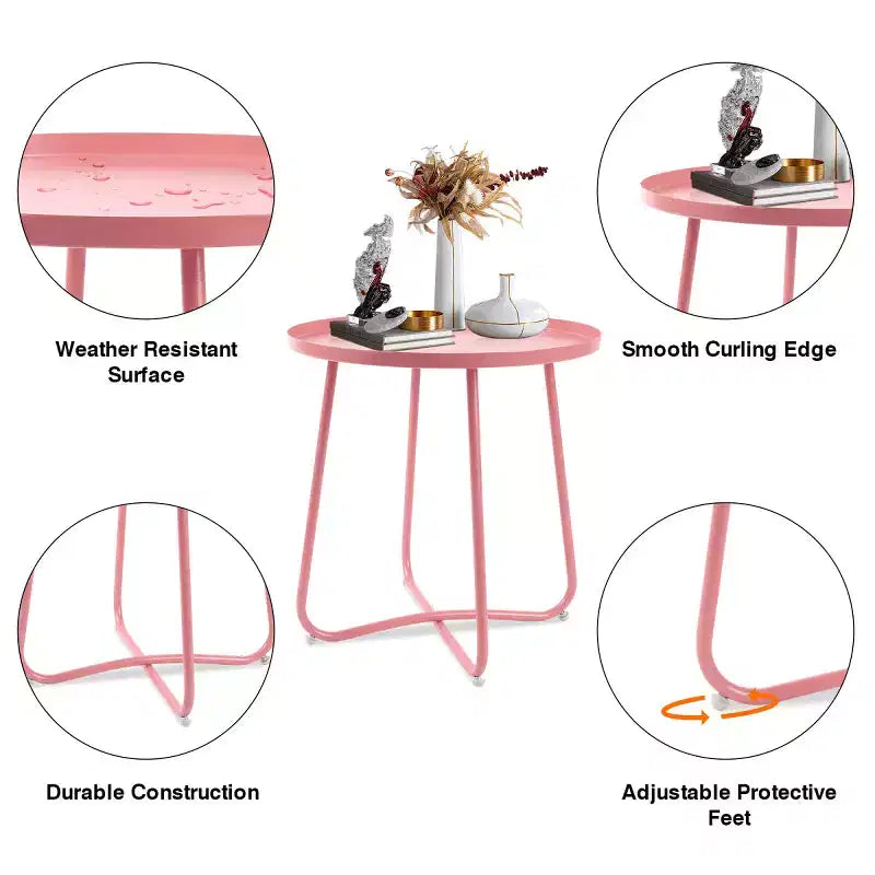 AEELLEEA Modern Round Outdoor Side Table Small Metal Coffee & Snack Table for Living Room, Bedroom, Patio, Yard, Porch, Balcony (Pink)
