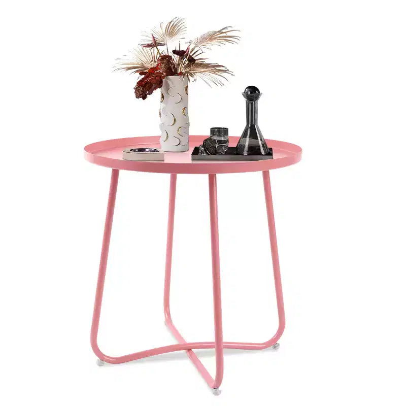 AEELLEEA Modern Round Outdoor Side Table Small Metal Coffee & Snack Table for Living Room, Bedroom, Patio, Yard, Porch, Balcony (Pink)