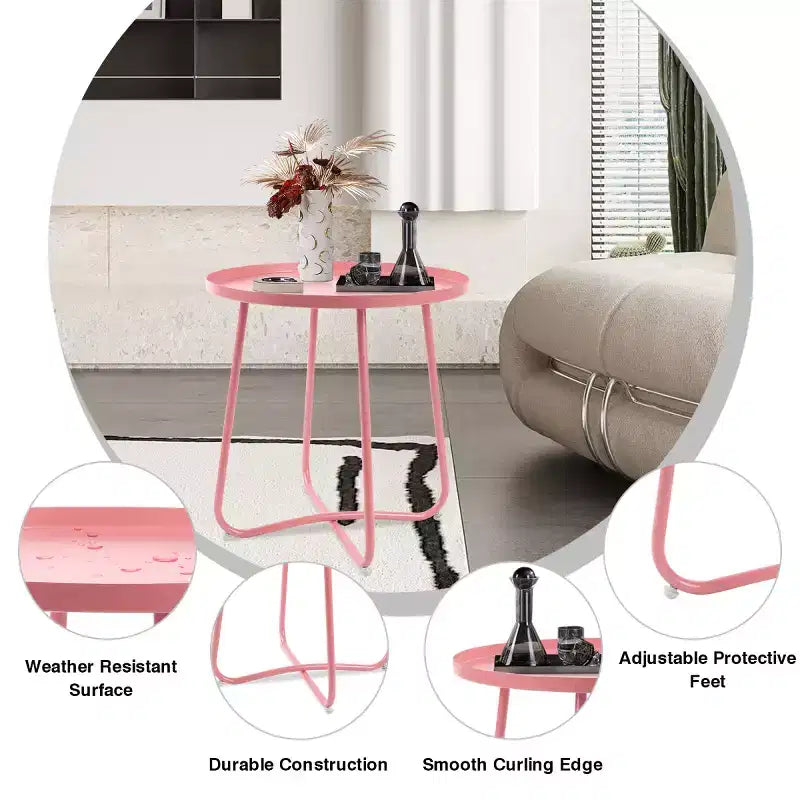 AEELLEEA Modern Round Outdoor Side Table Small Metal Coffee & Snack Table for Living Room, Bedroom, Patio, Yard, Porch, Balcony (Pink)