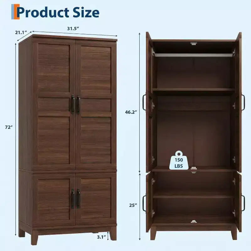 72 Inch Armoire Wardrobe Closet with 4 Doors, Wooden Bedroom Wardrobe with Hanging Rod And Adjustable Shelf, Clothing Storage Cabinet