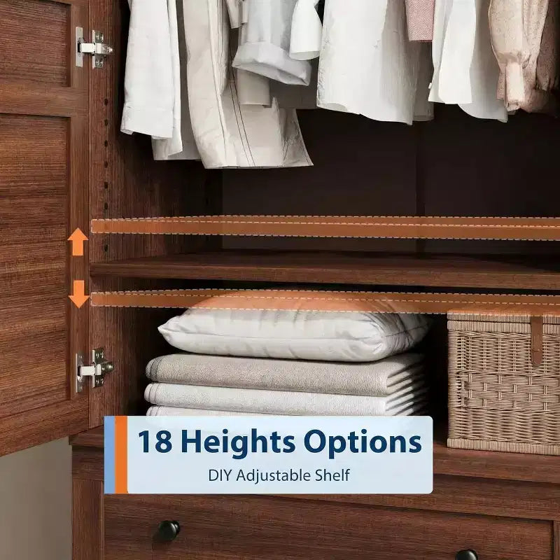72 Inch Armoire Wardrobe Closet with 4 Doors, Wooden Bedroom Wardrobe with Hanging Rod And Adjustable Shelf, Clothing Storage Cabinet