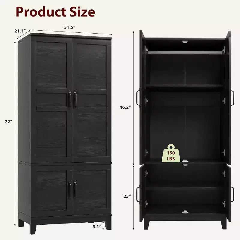 72 Inch Armoire Wardrobe Closet with 4 Doors, Wooden Bedroom Wardrobe with Hanging Rod And Adjustable Shelf, Clothing Storage Cabinet