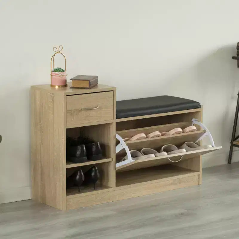 Basicwise Wooden Entryway Shoe Storage Bench with Cushion