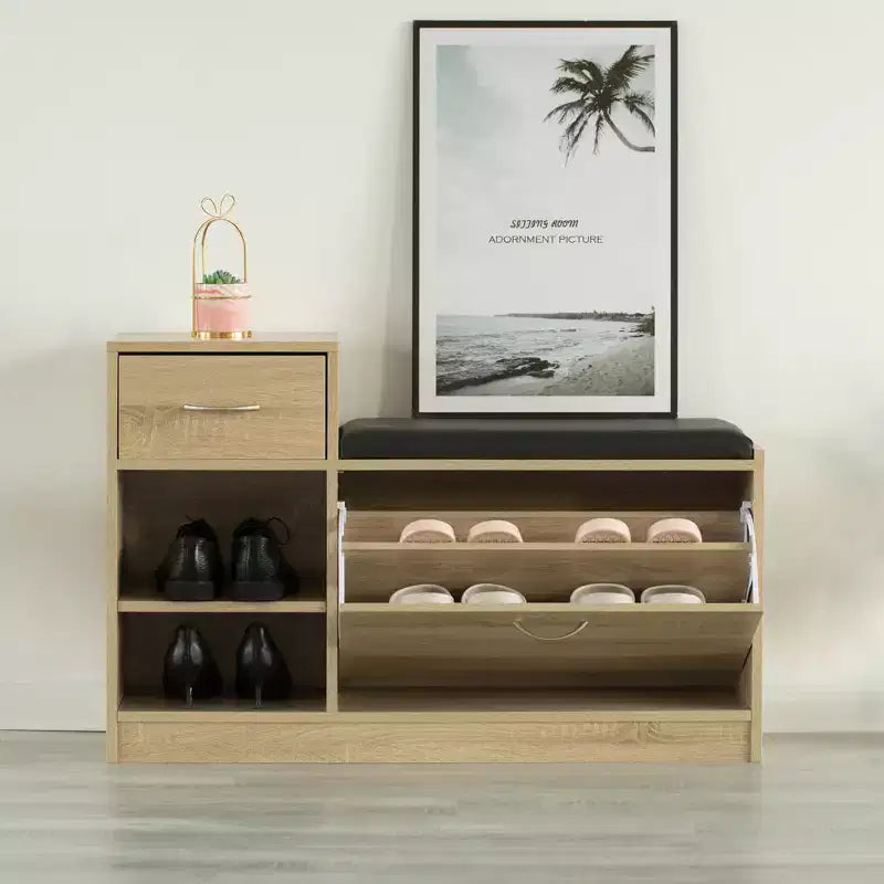 Basicwise Wooden Entryway Shoe Storage Bench with Cushion